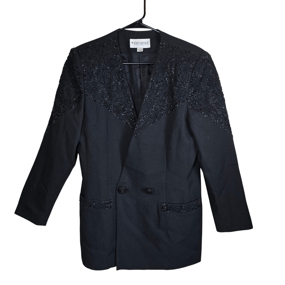 Vintage John Meyer of Norwich Black Beaded Double Breasted Blazer Jacket Size 10